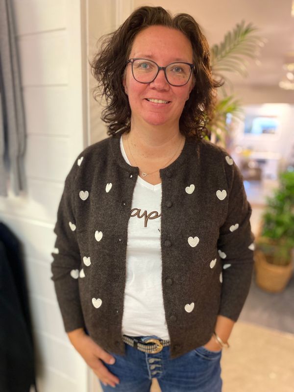 Cardigan med hjertemotiv, Chocolate og beige